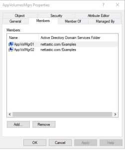 Example of a group with only the App Volumes Manager Computer Accounts within it