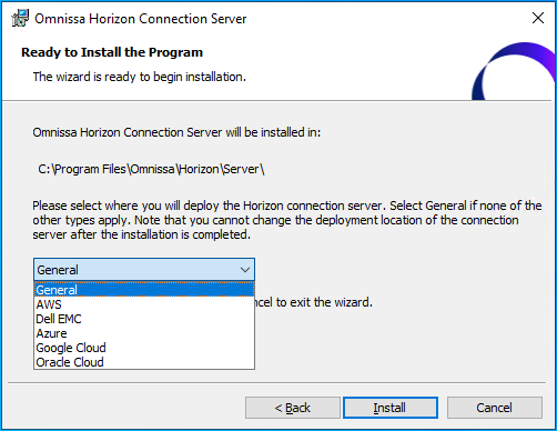 Final screen of Horizon Connection Server install wizard showing available dropdown options