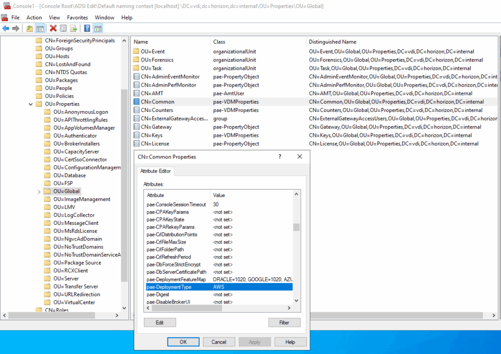 Screenshot of ADSI Edit showing the pae-DeploymentType value