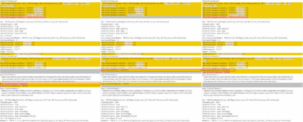 Side by side comparison of ldif dumps from various ADLDS installations highlighting things not lining up